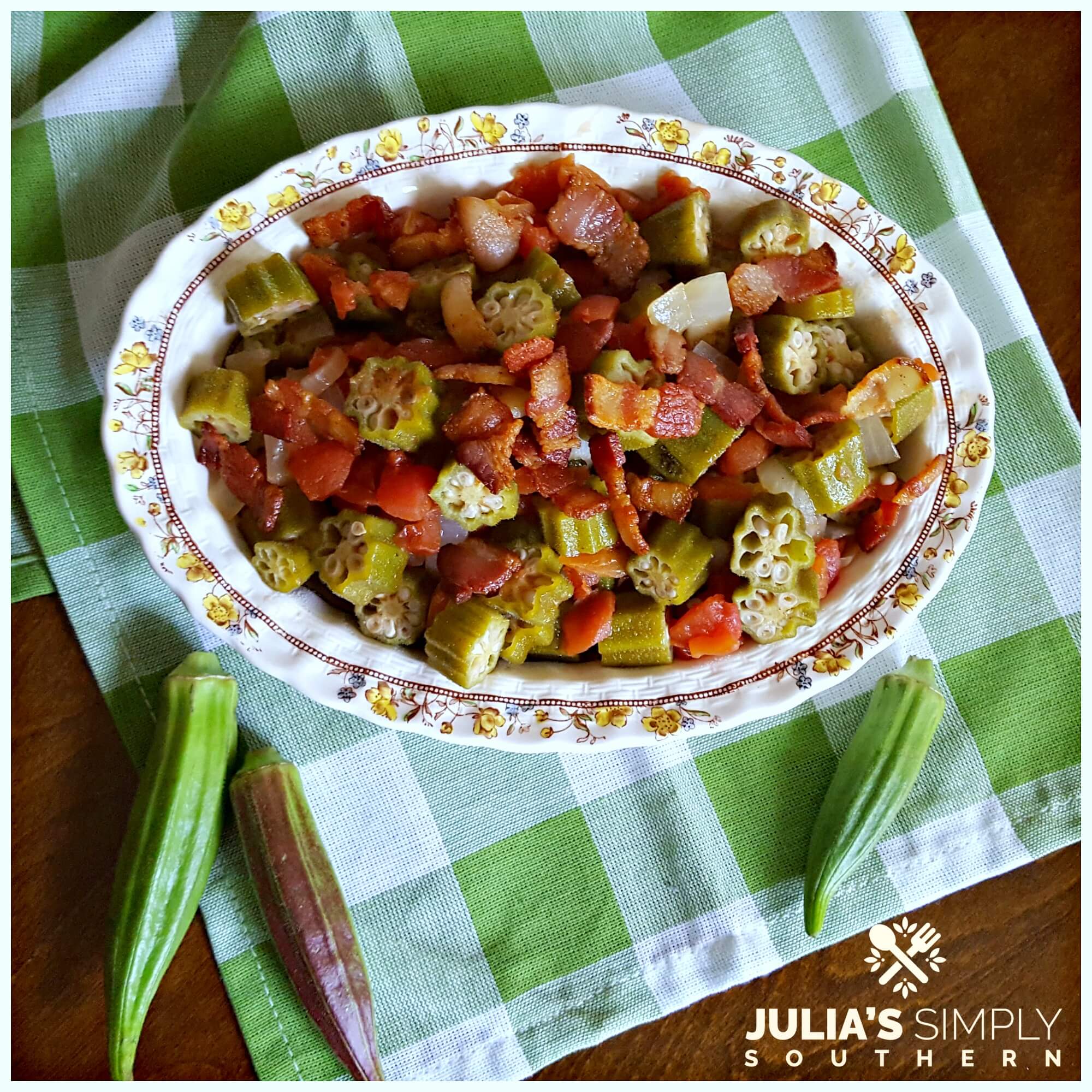 Vegetable Side topped with bacon in a vintage serving dish