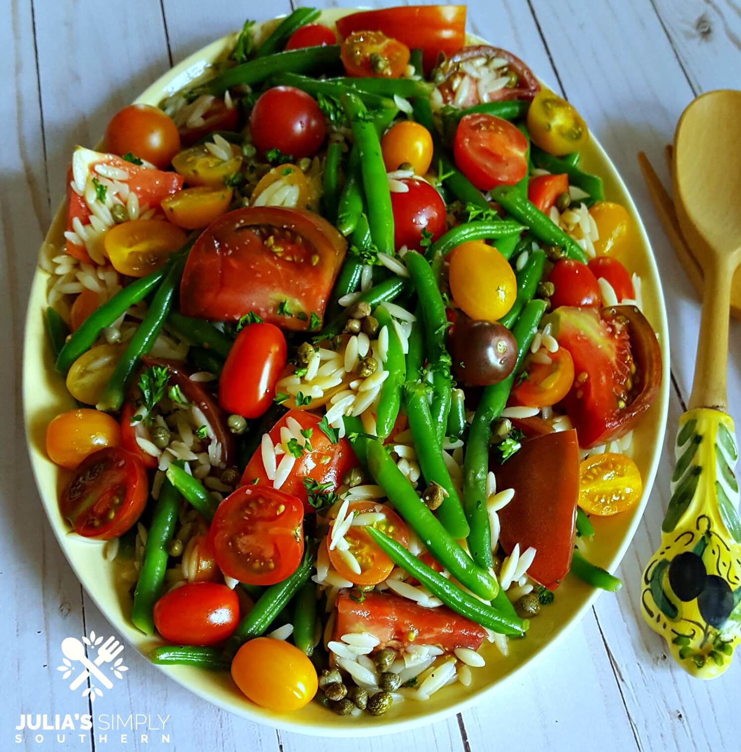 Green Bean and Tomato Salad with Orzo dressed in a light lemon dressing