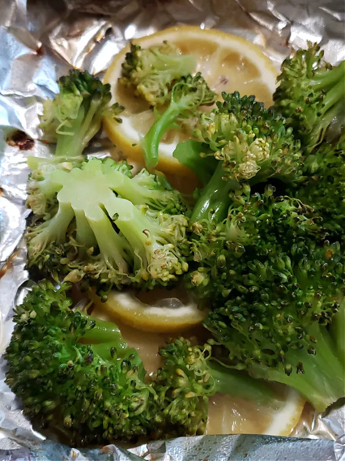 simple foil pack with broccoli and lemon after cooking
