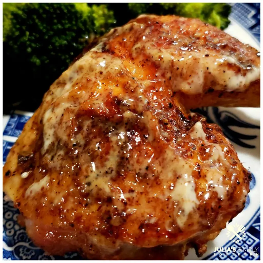 Blue and White dinner plate with a serving of grilled chicken brushed with white barbecue sauce and steamed broccoli
