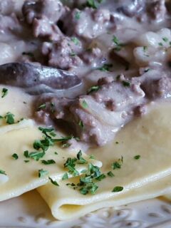 Best Beef Stroganoff with Ground Beef on a bone china plate