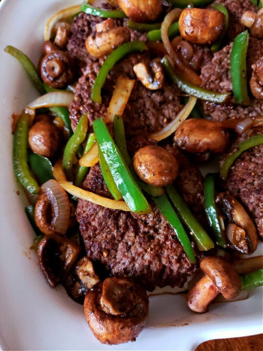 Hamburger Steaks with Onions Peppers and Mushrooms Julias Simply Southern