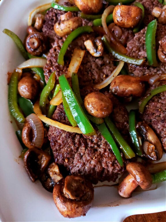 Hamburger Steaks with Onions Peppers and Mushrooms Julias Simply Southern