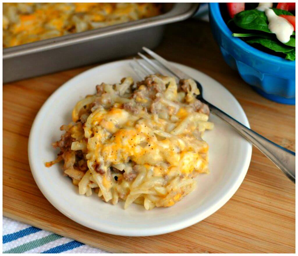 Hashbrown and ground beef casserole on a white plate