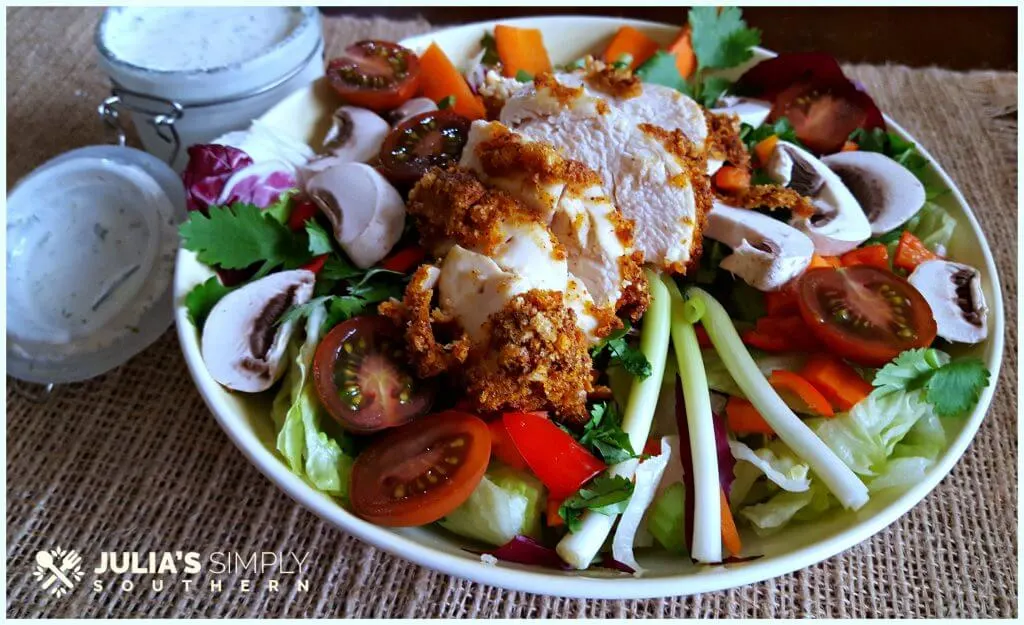 Air fried healthy low carb chicken dinner salad with homemade ranch dressing