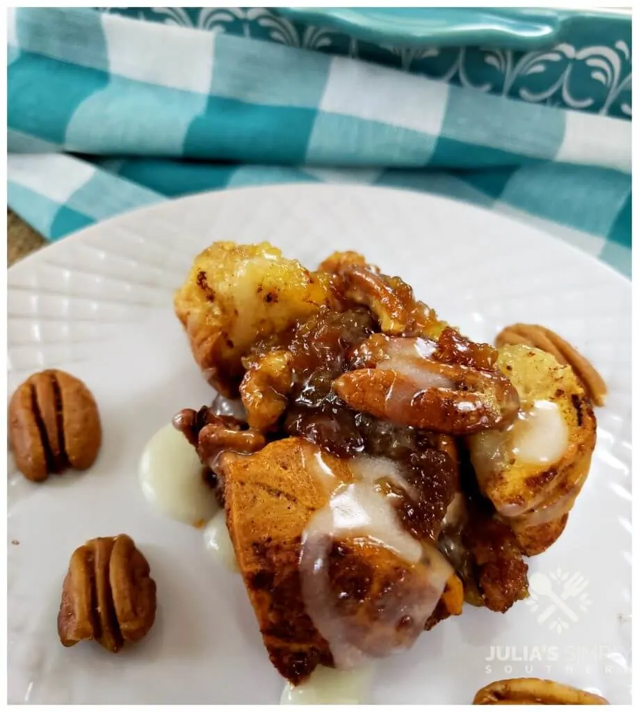 Easy recipe for pecan pie bubble up, similar to the taste of a traditional pecan pie and made with cinnamon rolls that bubble up as it bakes