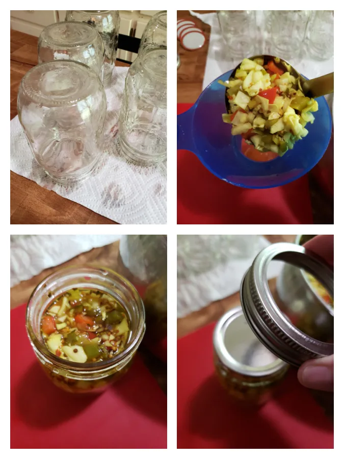 Add chow chow relish to sterilized canning jars