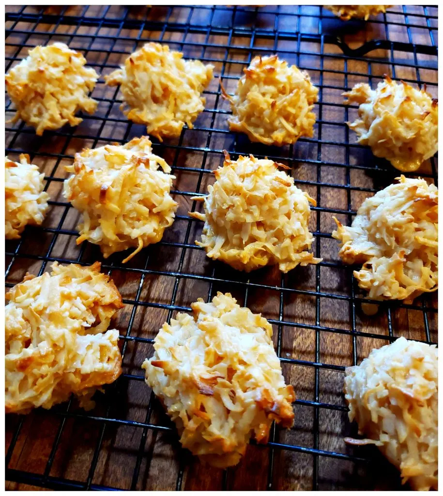 Cooling fresh baked homemade coconut macaroon cookies for holiday treats