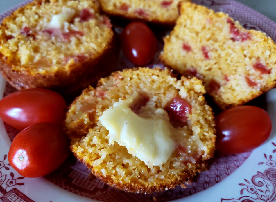 best cornbread muffins with tomatoes - tender and hint of sweetness with grape tomato garnish. Appalachian Tomato Corn Muffin Recipe.