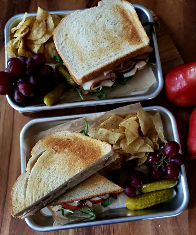 Turkey Sandwiches served with pickle, fruit and chips