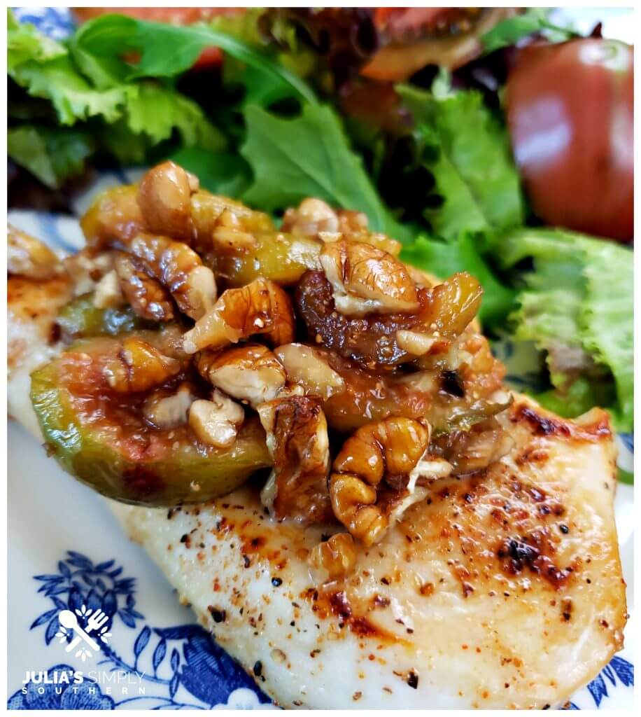 Pecan and fig crusted chicken topping, a sweet and savory meal that cooks up fast
