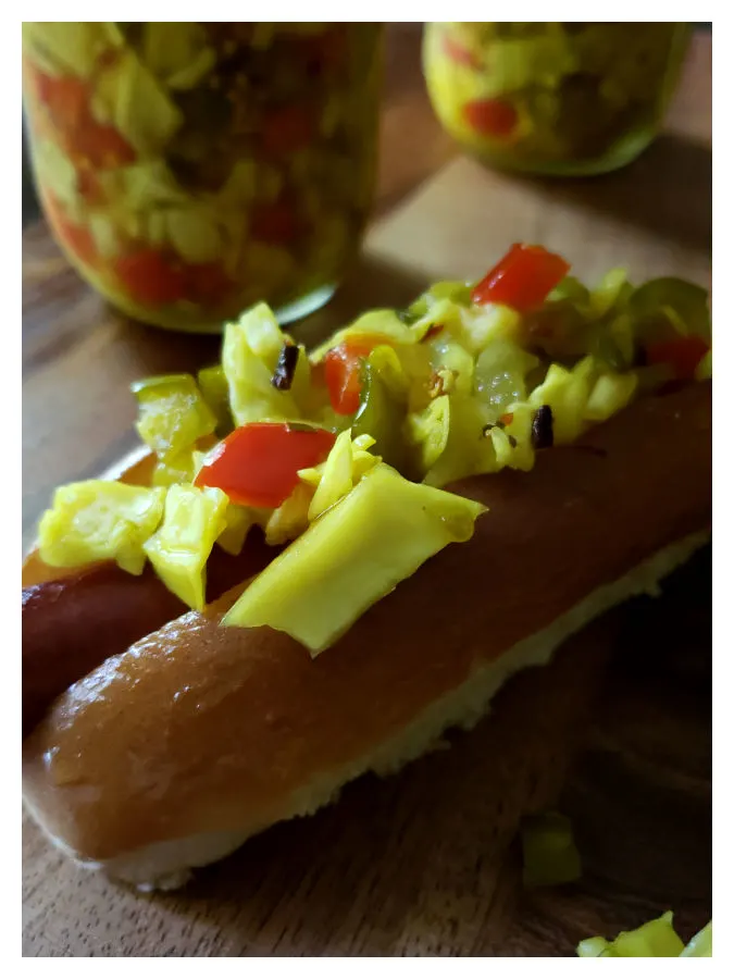 Homemade chow chow relish served on a hot dog