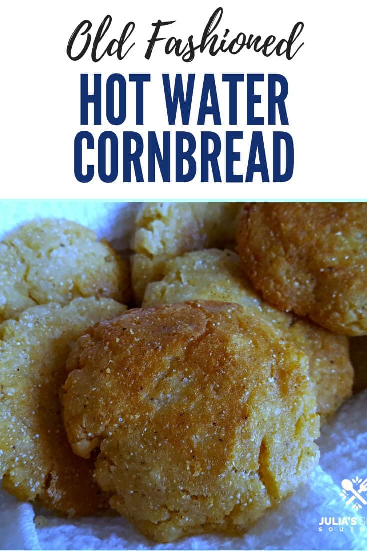 Old Fashioned Southern Hot Water Cornbread with its crispy edges fried to golden brown in a cast iron skillet is a classic side of bread #cornbread #hotwatercornbread #easyrecipe #SouthernFood #breadrecipes