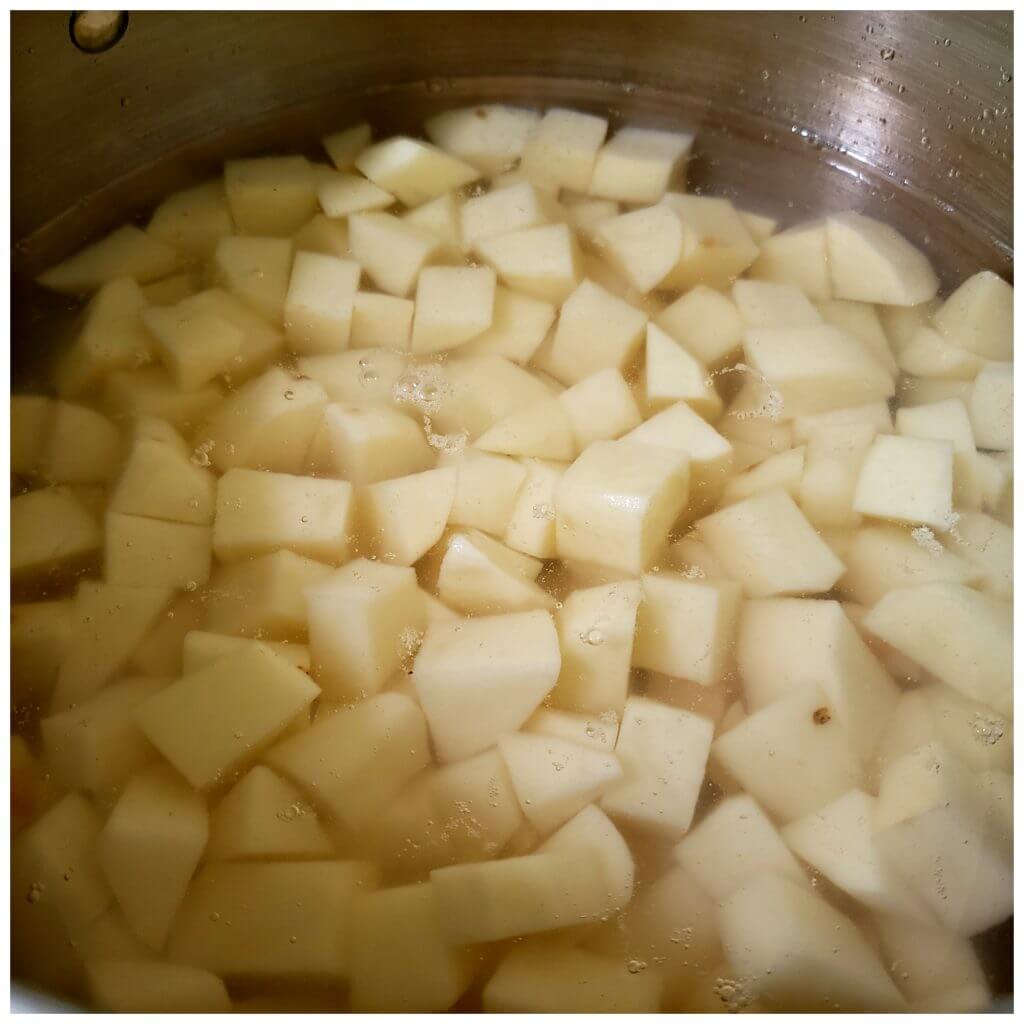 pot of cubed Russet potatoes covered with water