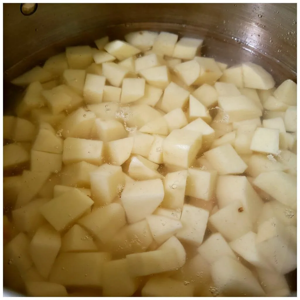 pot of cubed Russet potatoes covered with water