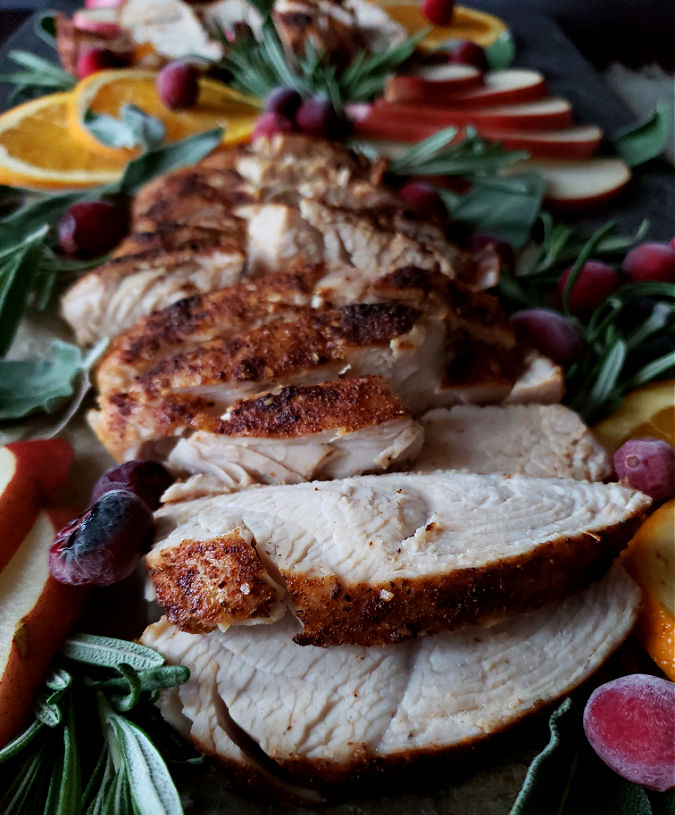 Southern Thanksgiving turkey breast tenderloin slices on a serving plate