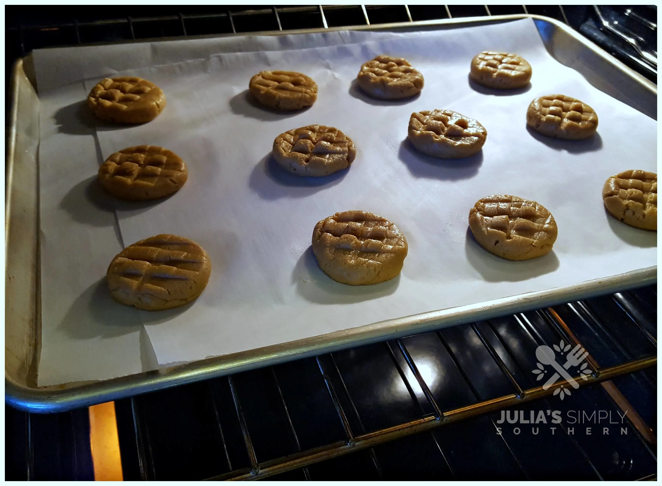 Old Fashioned chewy peanut butter cookies in the oven