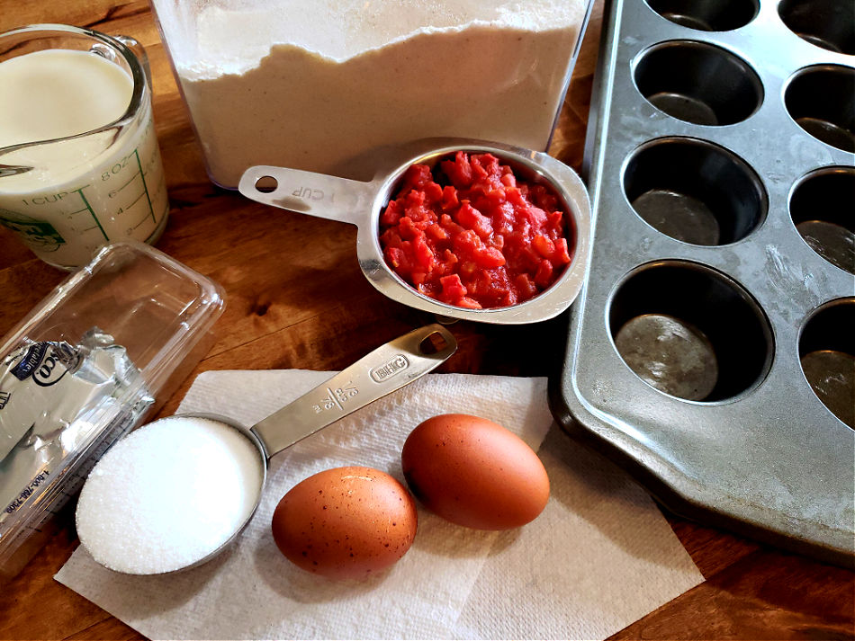 ingredients for Appalachian tomato cornbread muffins