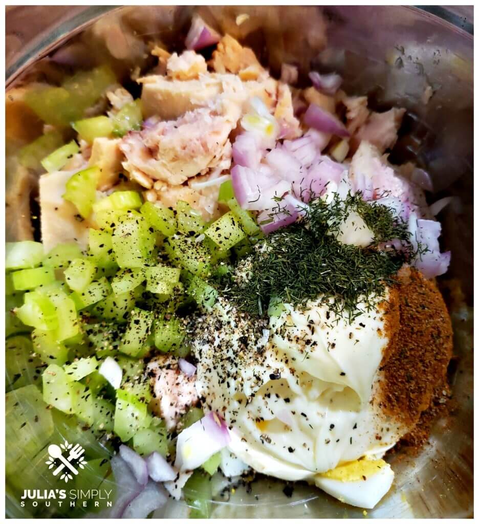 Bowl of ingredients to make classic tuna melt recipe tuna salad