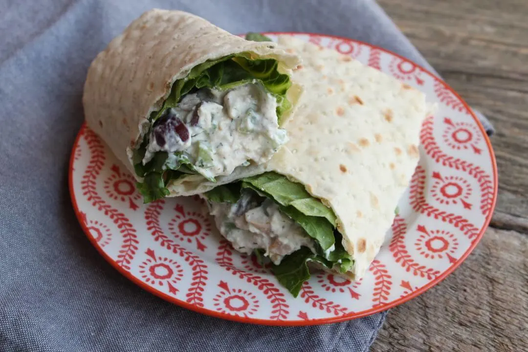 Southern Style Chunky Chicken Salad Wrap on a red and white plate
