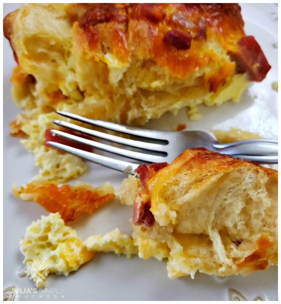 Delicious breakfast casserole recipe with country ham, cheese and biscuits
