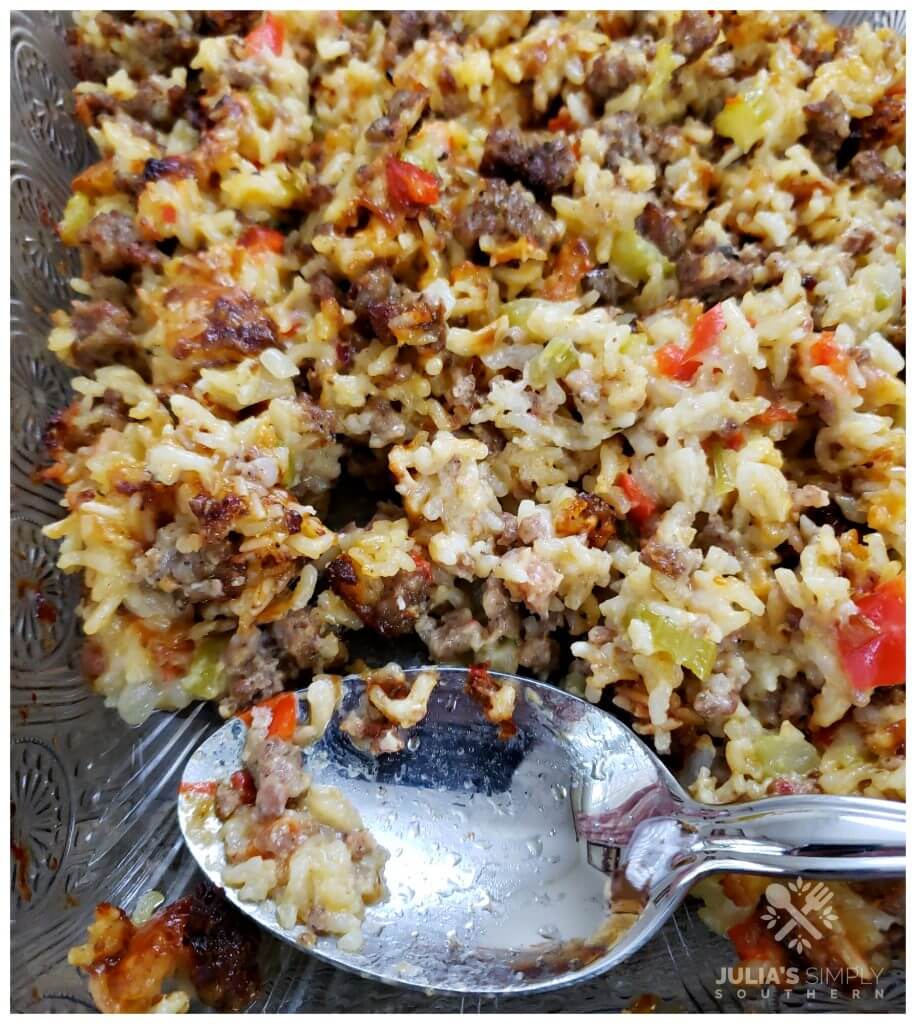 Sausage and Rice casserole side dish recipe in a glass Pioneer Woman baking dish