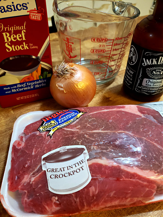Ingredients for barbecue shredded beef recipe using a chuck roast