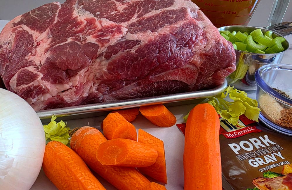 Ingredients for preparing the Crock Pot Pork Butt Roast with vegetables and gravy