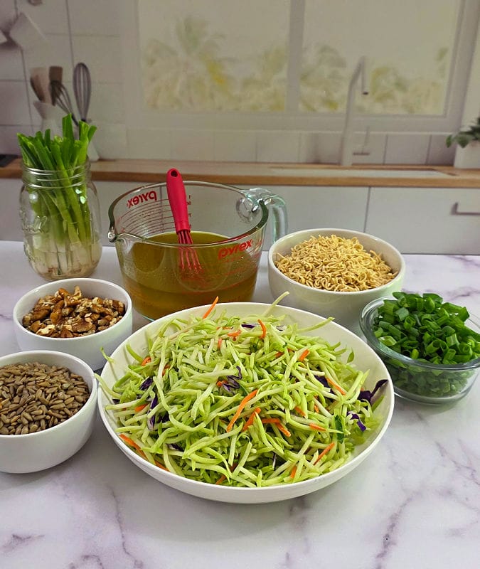 The ingredients displayed that are needed for preparing broccoli coleslaw