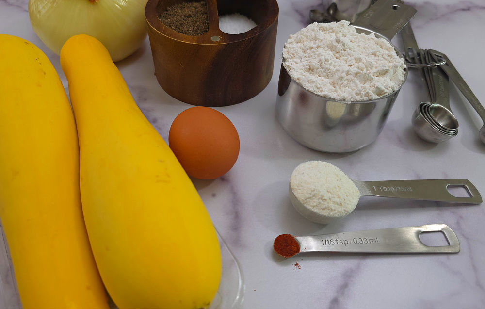 Ingredients arranged for preparing squash fritters
