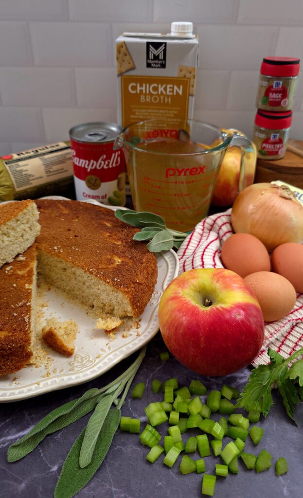 Ingredients for preparing Sausage, Apple, and Sage Cornbread Dressing