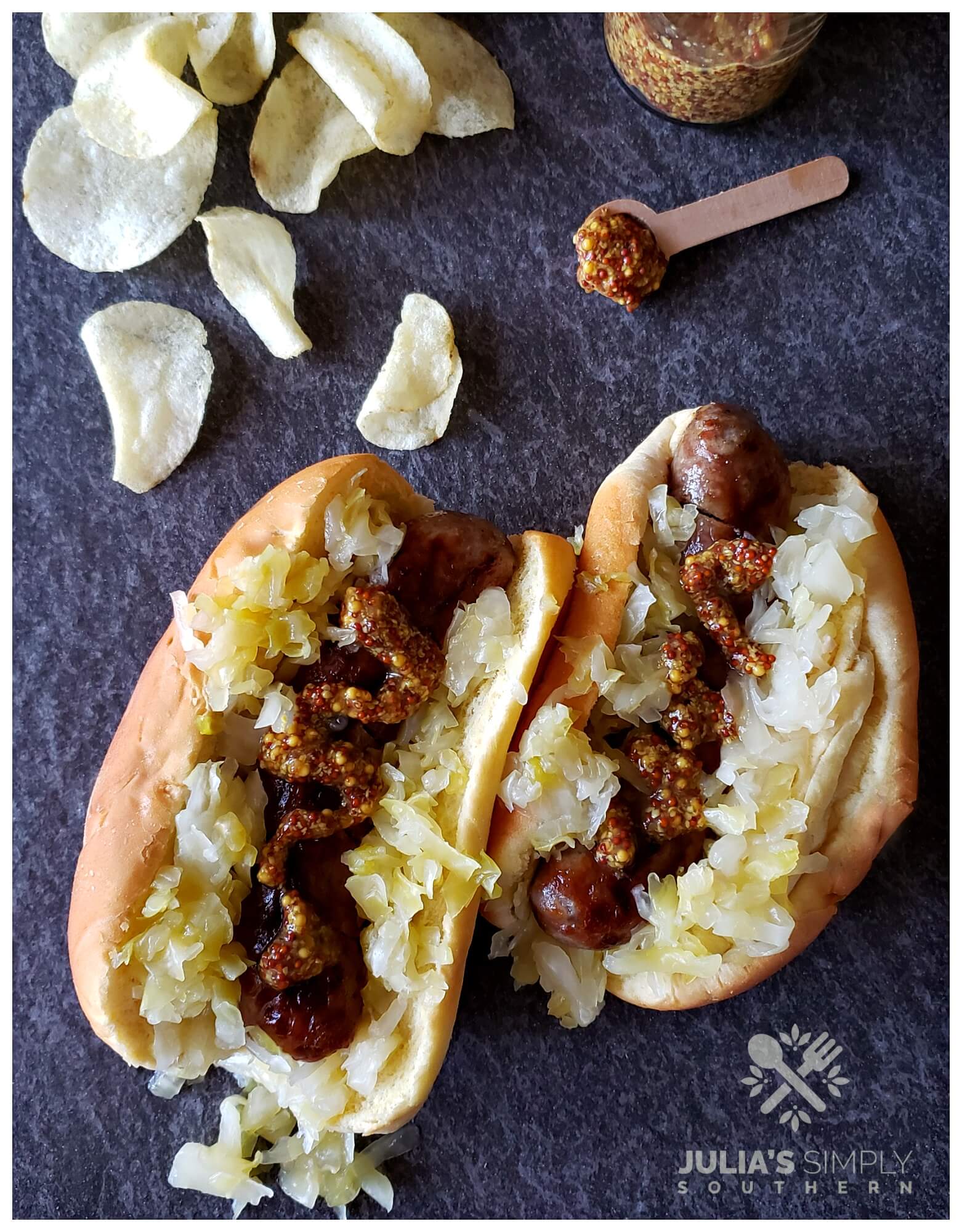 Beer Brats and sauerkraut with potato chips