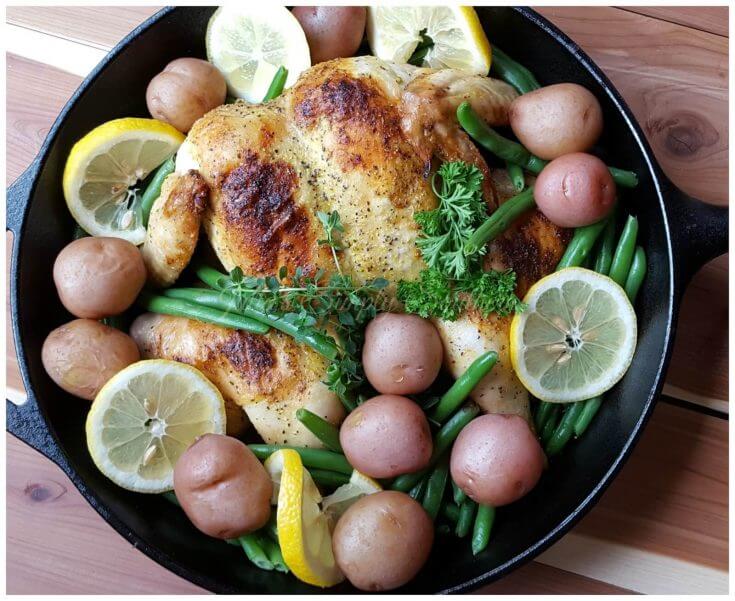 Lemon Pepper Spatchcock Chicken with red potatoes and green beans