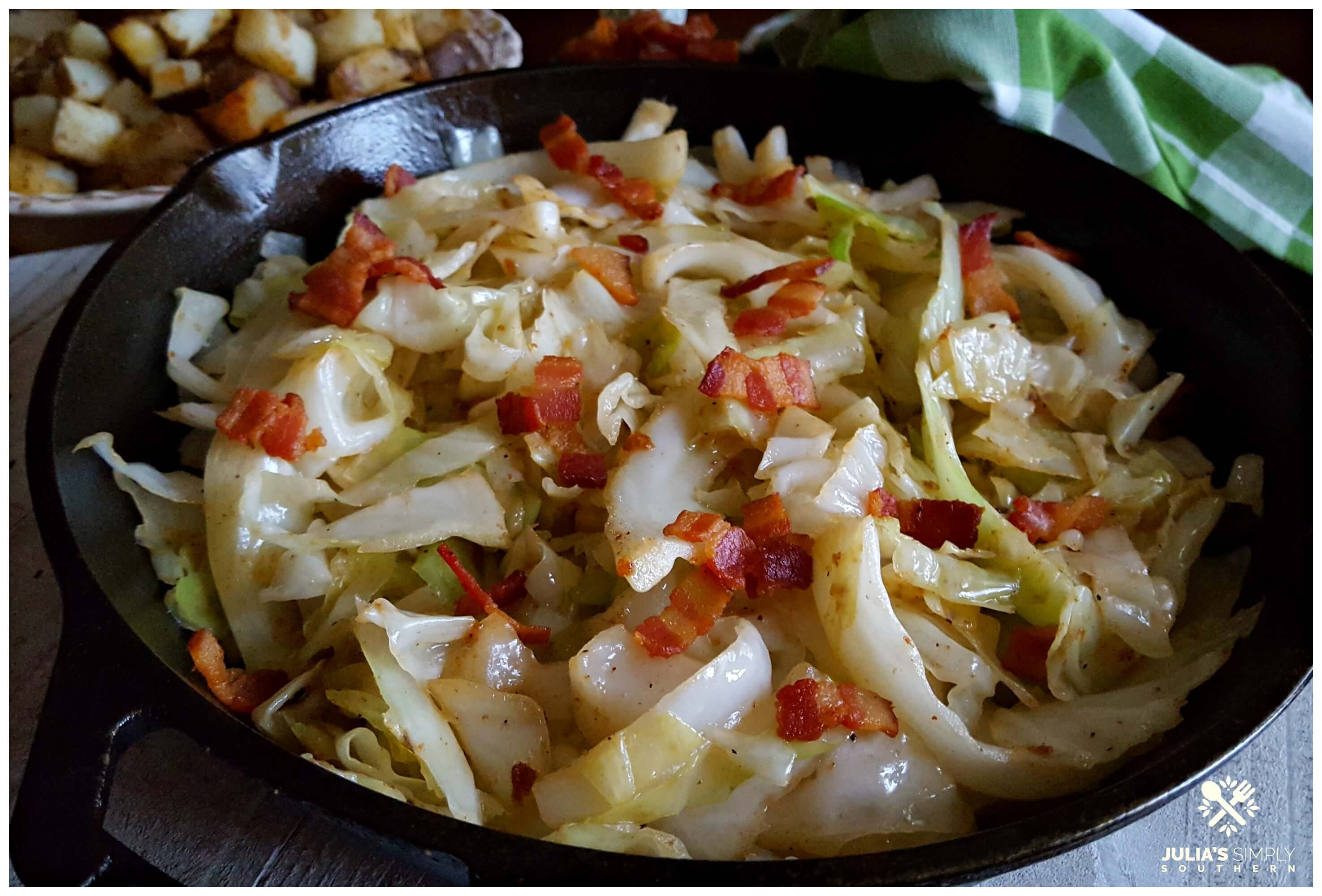 The best Southern fried cabbage with bacon - soul food - country cooking - cast iron skillet