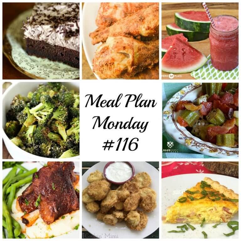 Meal Plan Monday 116 - FREE Meal Planning Recipes Featuring Chocolate Cake, Air Fryer Chicken, okra and tomatoes and fried squash