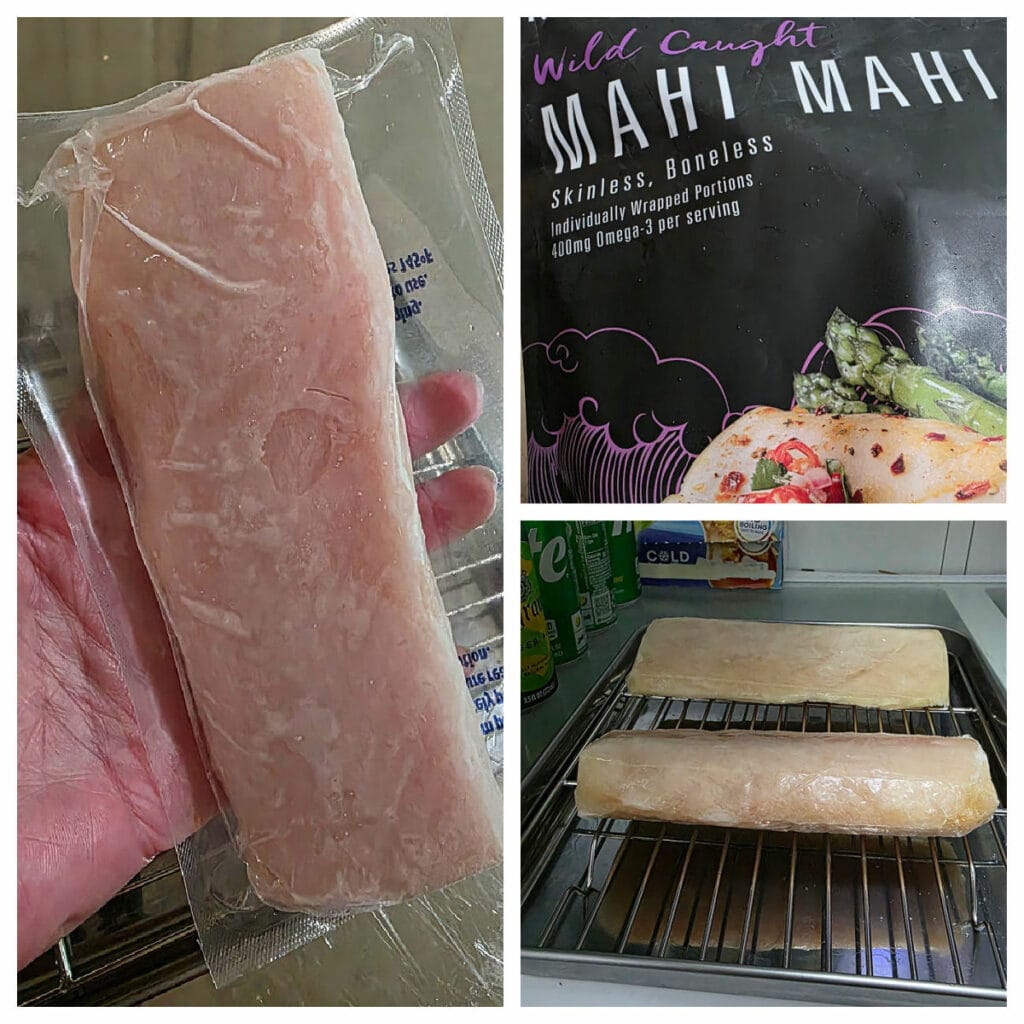 collage of steps for thawing frozen mahi mahi safely before cooking