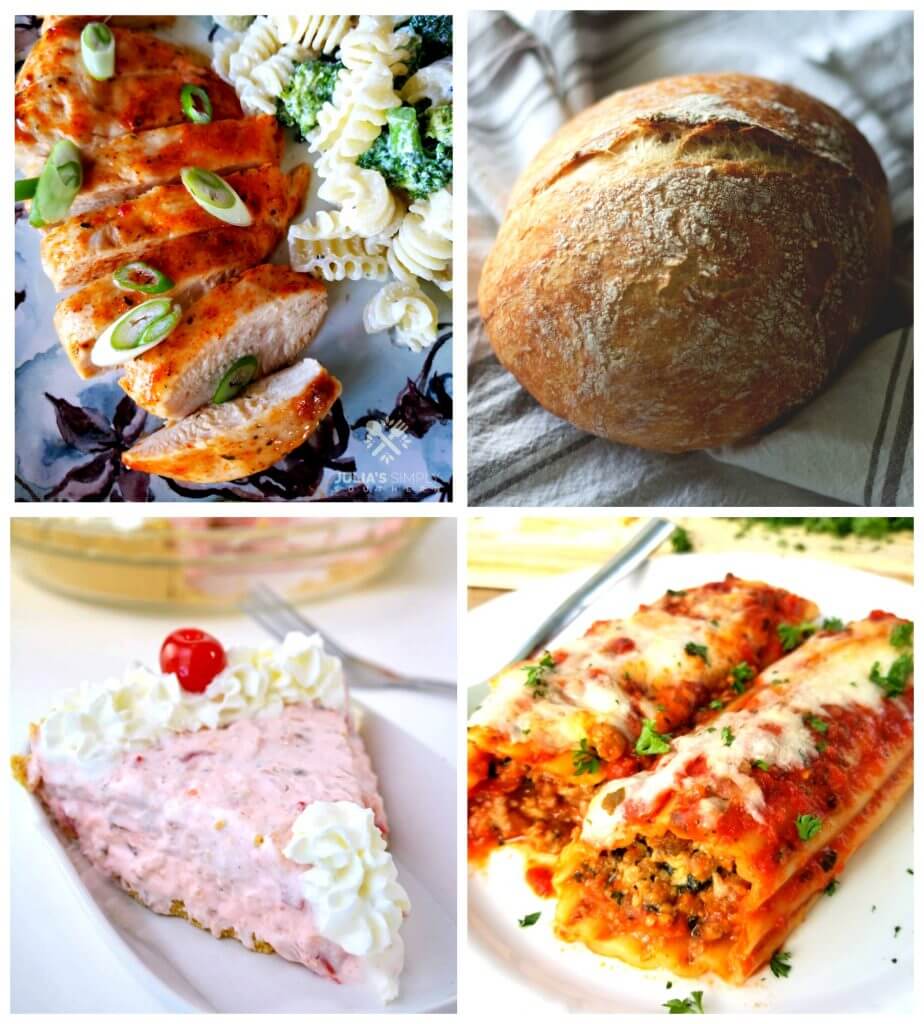 Collage of chicken, bread, pie, and manicotti 