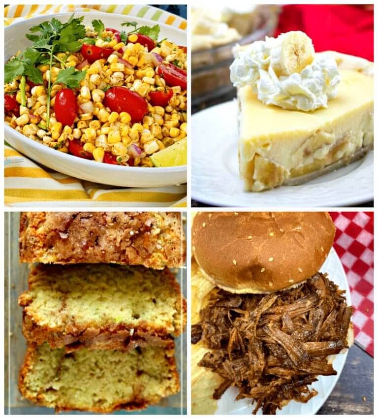 Collage of featured recipes - summer corn salad, bbq beef sandwich, banana cream pie and snickerdoodle zucchini bread