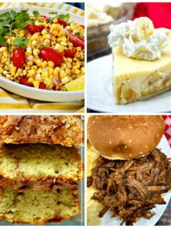 Collage of featured recipes - summer corn salad, bbq beef sandwich, banana cream pie and snickerdoodle zucchini bread