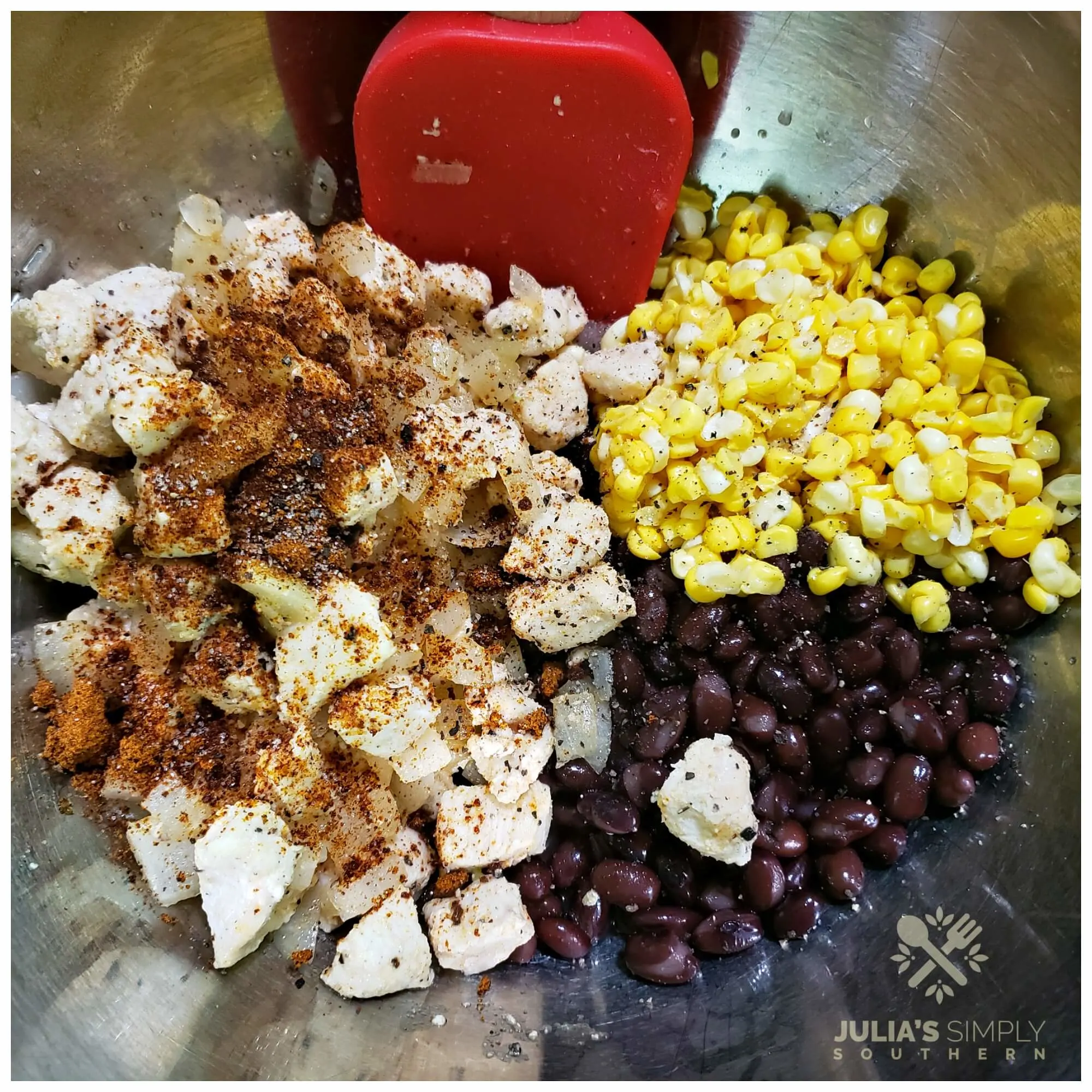 Mixing the stuffing mixture for  peppers to bake in the oven with cheese