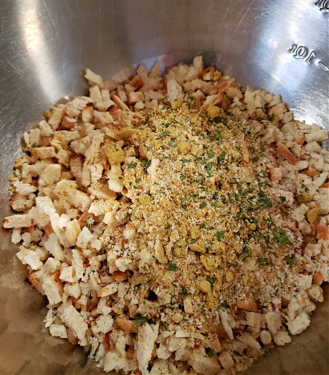 Stove top stuffing mix in a mixing bowl