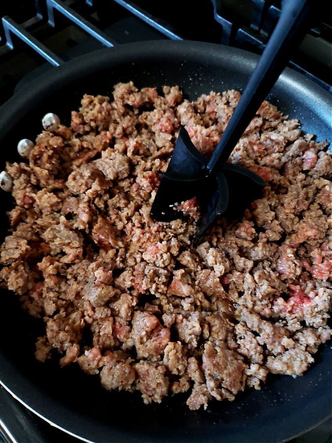 Browning breakfast sausage in a skillet