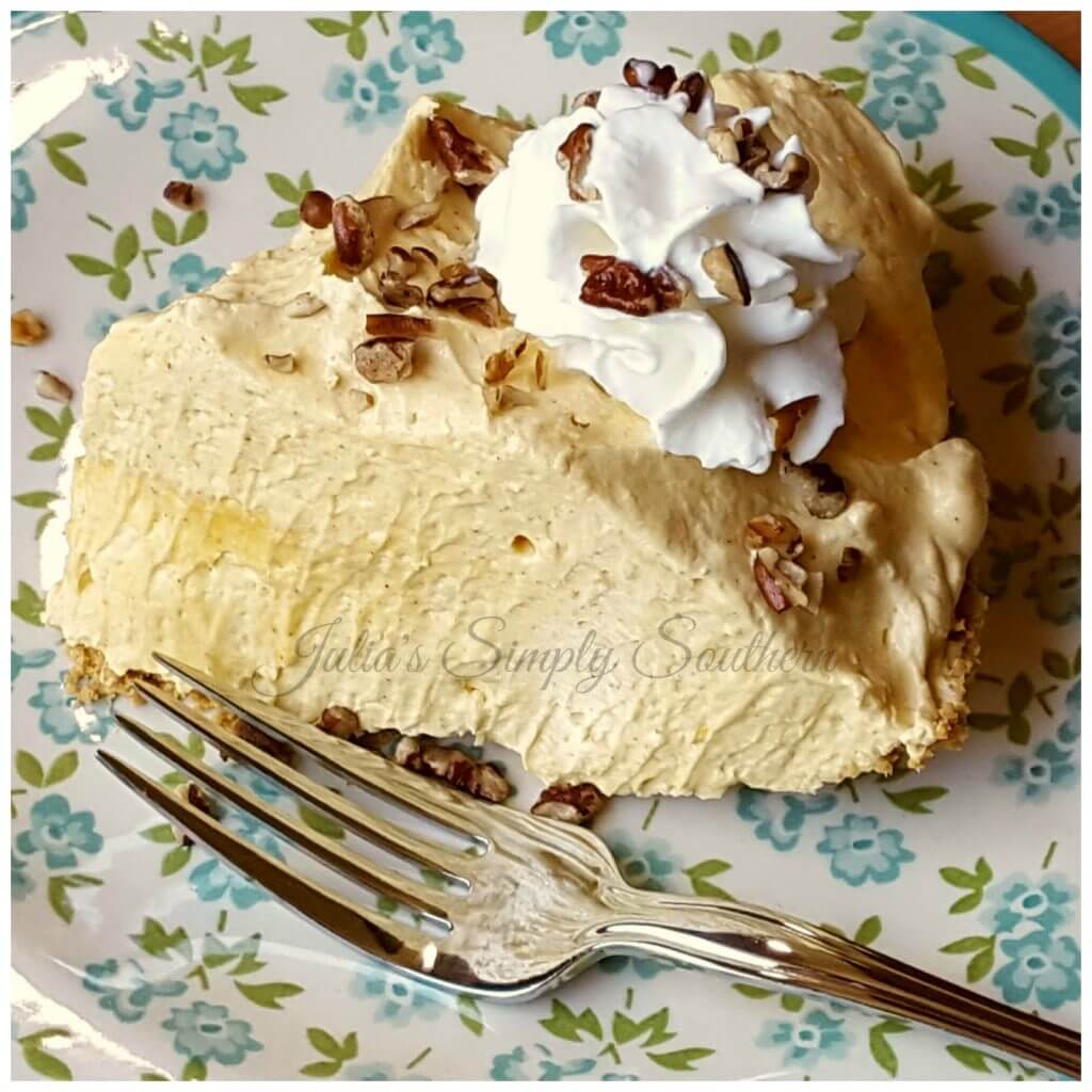 No Bake Pumpkin Pie with pecans and whipped cream