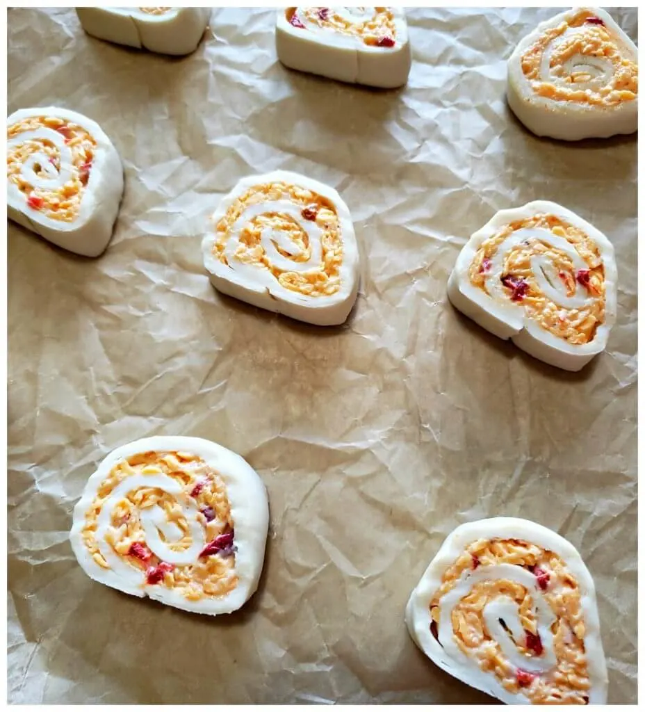 Place pimento cheese pinwheels on a baking sheet