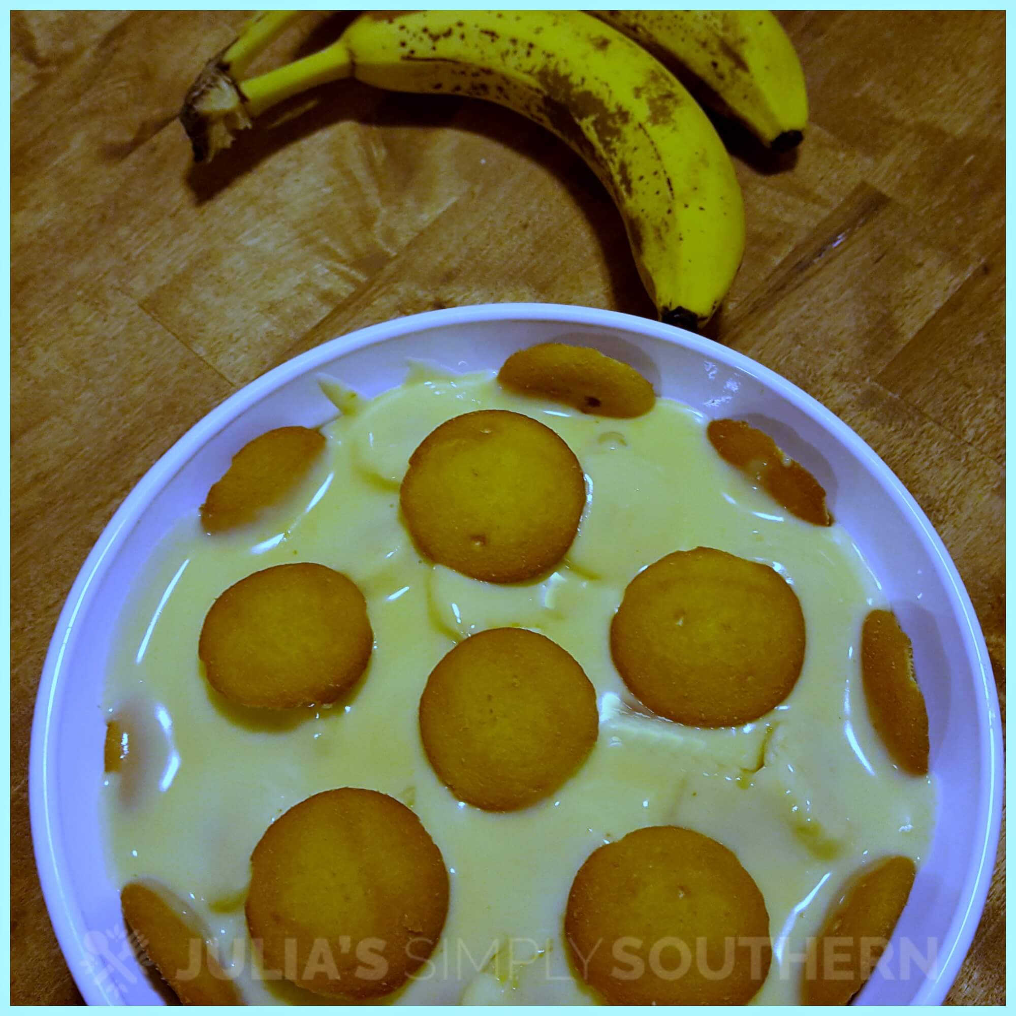 Southern scratch made banana pudding in a white round dish