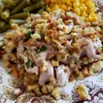 brown and white Thanksgiving china plate with turkey casserole with a crunchy topping