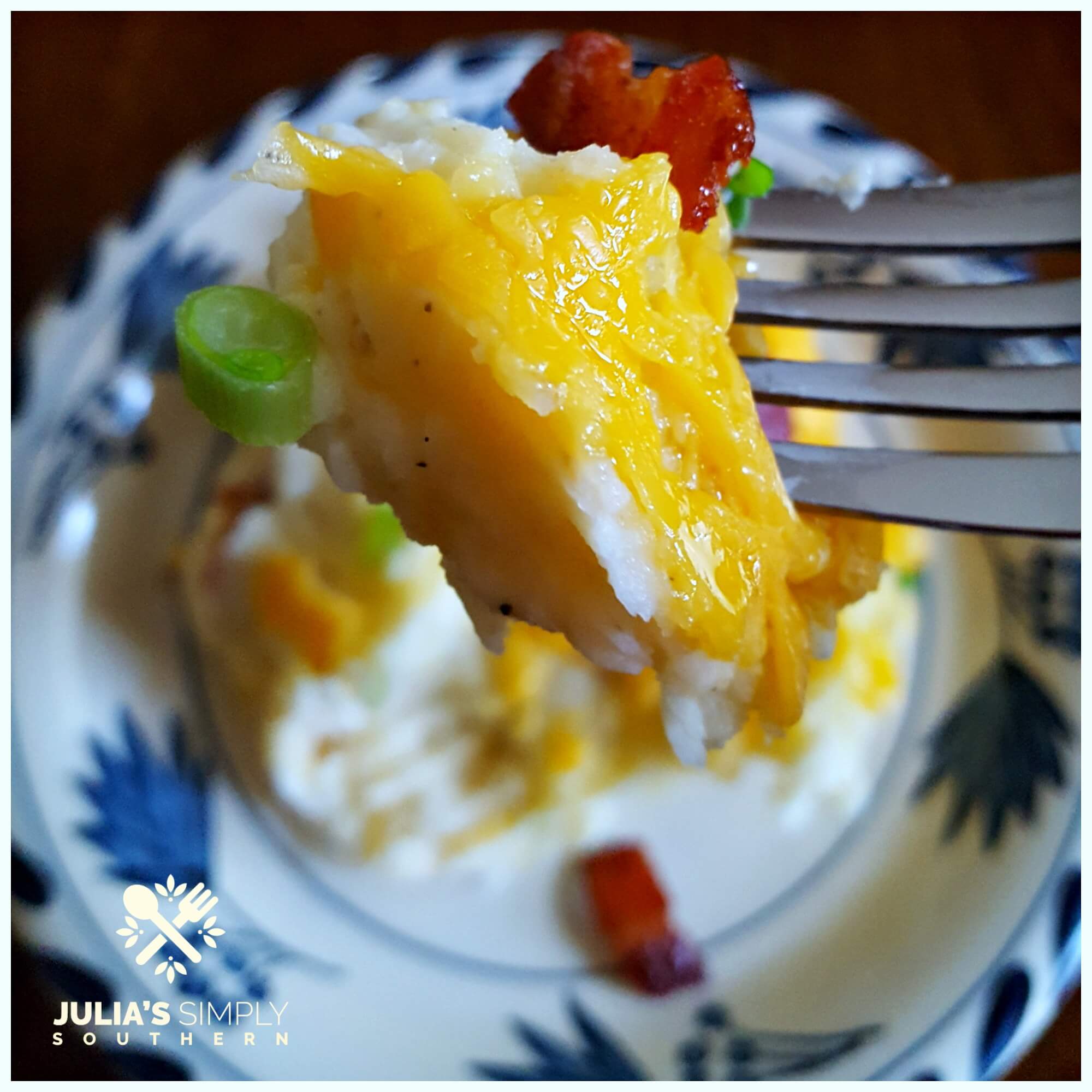 Perfect Bite of Twice Baked Potato Casserole - short cut with mashed potatoes