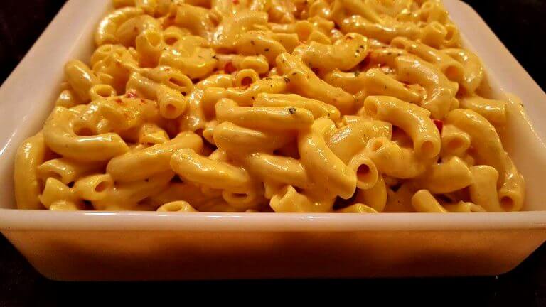 Macaroni and Pimento cheese in a vintage serving dish