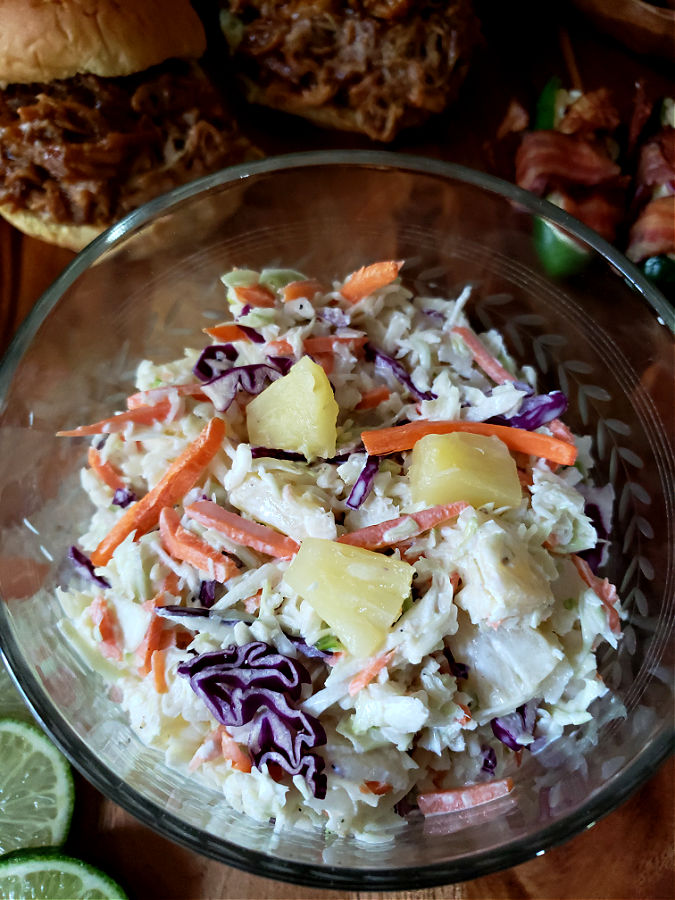 Tropical Hawaiian slaw salad with creamy sweet dressing - Easy pineapple coleslaw recipe