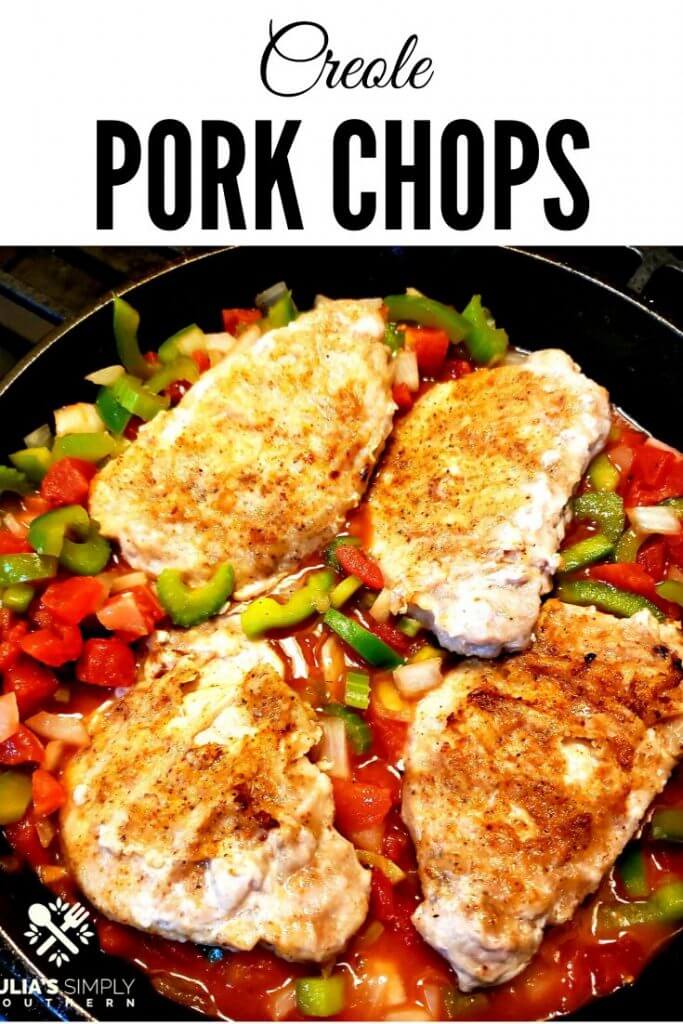 Creole Pork Chops Pinterest Image to recipe post